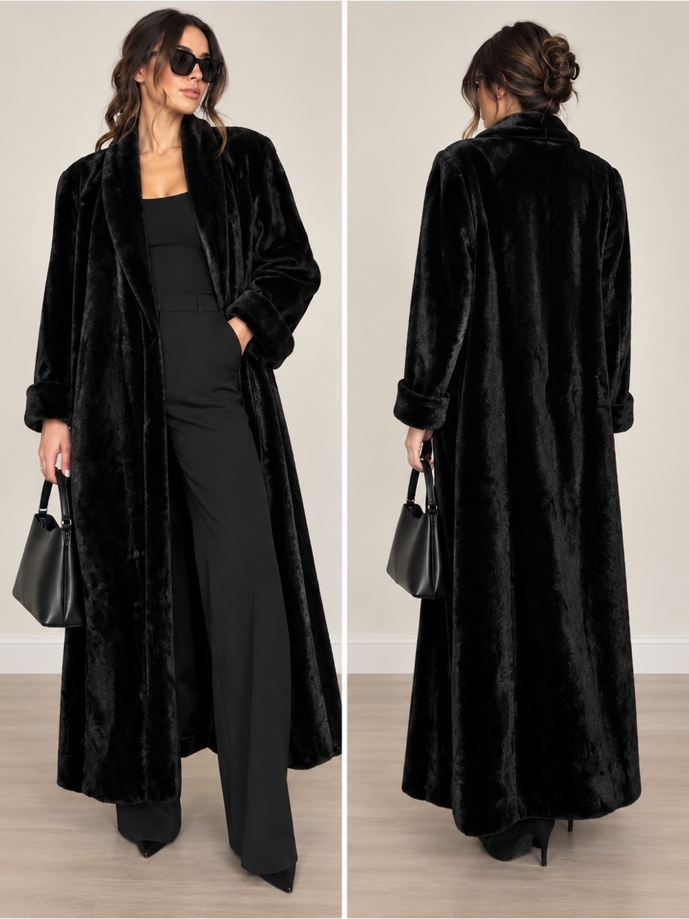 Vintage Lorovi Black Faux Fur Full Length Maxi Coat Made in USA